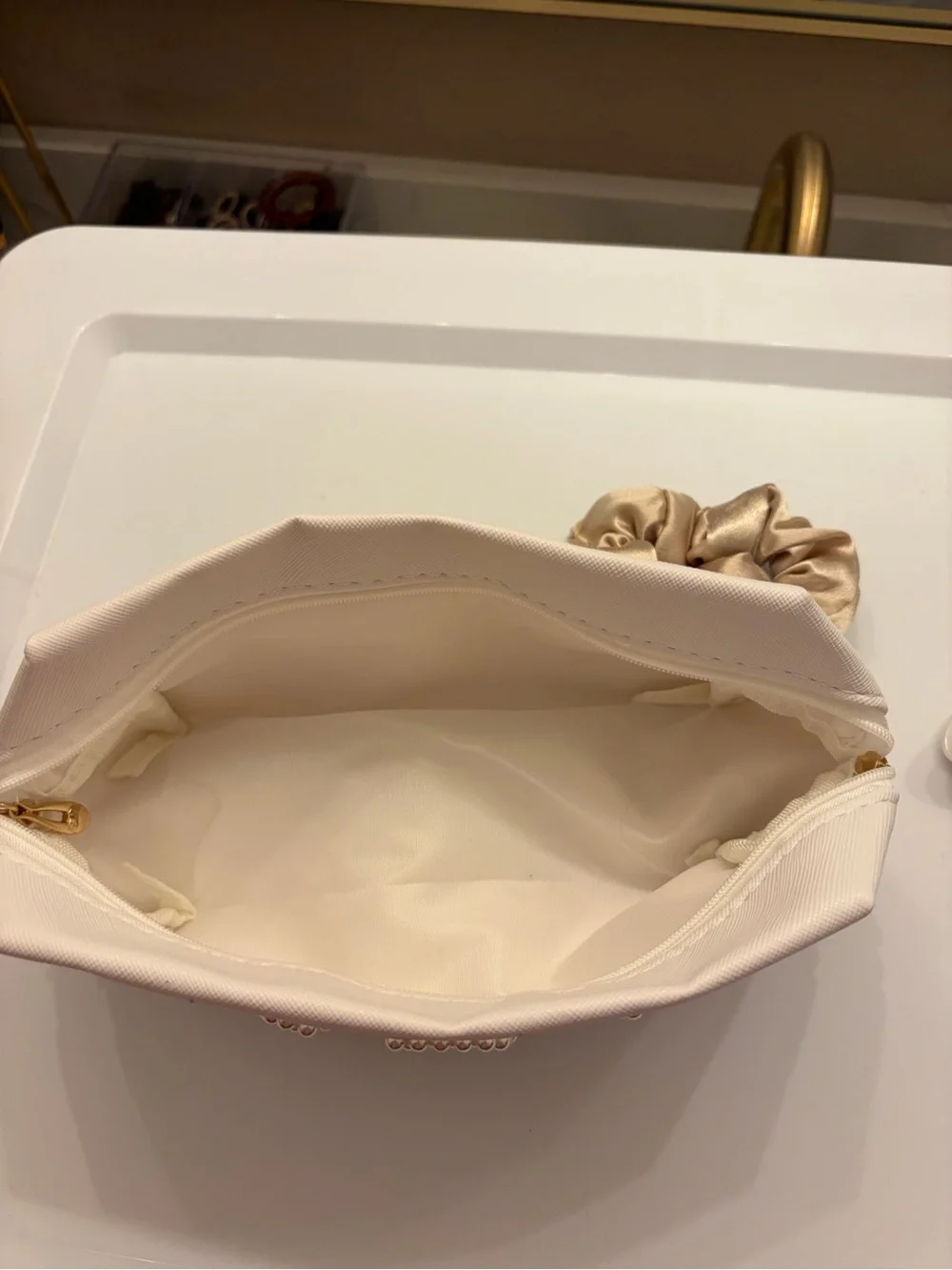 Bridal Kit:Cream Cosmetic Pouch Pearl 'MRS' Detail, 2 Bride Claw Clips, Scunchie